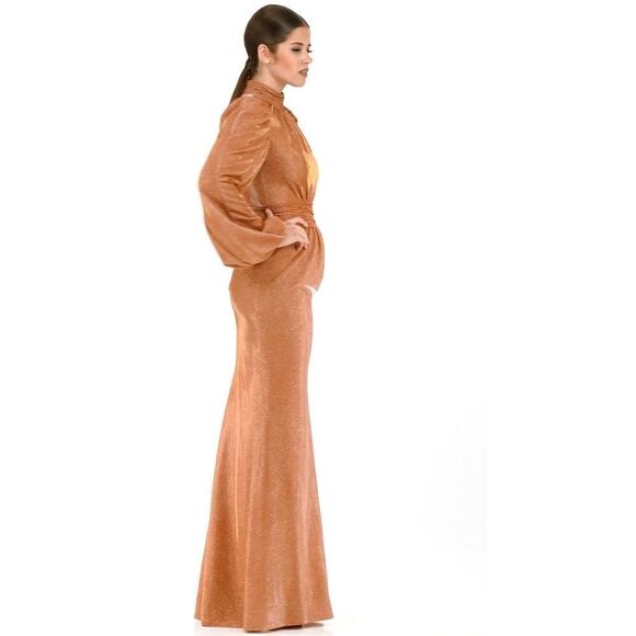 DRAPED GLITTER FABRIC HIGH NECK PUFF SLEEVE
TRUMPET GOWN/ size 16 - Picture 4 of 10